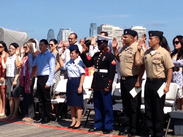 42 IMMIGRANTS BECOME US CITIZENS AT BATTLESHIP NEW JERSEY FOR FOURTH OF JULY